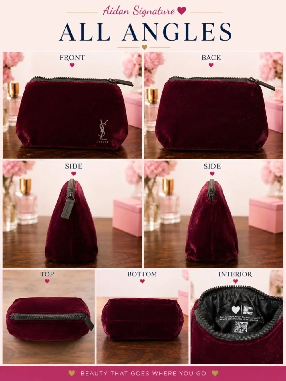 Yves Saint Laurent Beauté Burgundy Velvet Cosmetic Makeup Bag | Travel Zip Pouch
